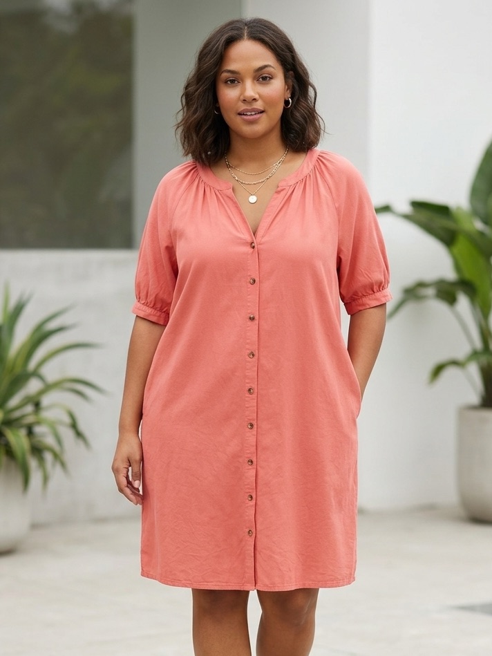 Time & Tru Button Front Midi Dress L 23” P2p Dusty Coral Euc